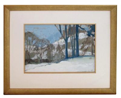 Robb Beebe Gouache on paper of an atmospheric wintry forest scene signed Robb Beebe