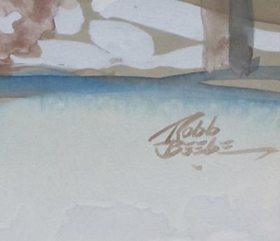 Robb Beebe Gouache on paper of an atmospheric wintry forest scene signed Robb Beebe