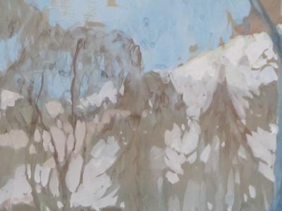 Robb Beebe Gouache on paper of an atmospheric wintry forest scene signed Robb Beebe