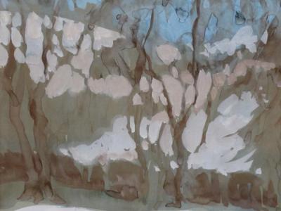 Robb Beebe Gouache on paper of an atmospheric wintry forest scene signed Robb Beebe