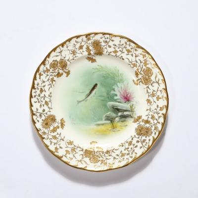 Robert A Holland Antique Set Eight Hand Painted Minton Plates Depicting Fish Signed A Holland