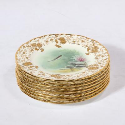Robert A Holland Antique Set Eight Hand Painted Minton Plates Depicting Fish Signed A Holland