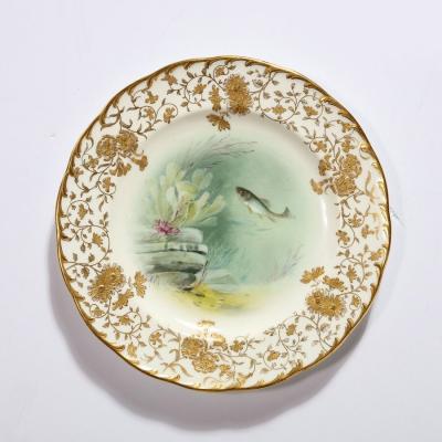 Robert A Holland Antique Set Eight Hand Painted Minton Plates Depicting Fish Signed A Holland