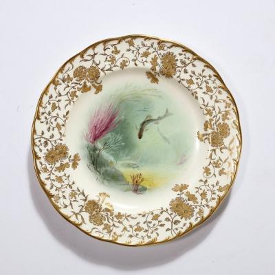 Robert A Holland Antique Set Eight Hand Painted Minton Plates Depicting Fish Signed A Holland