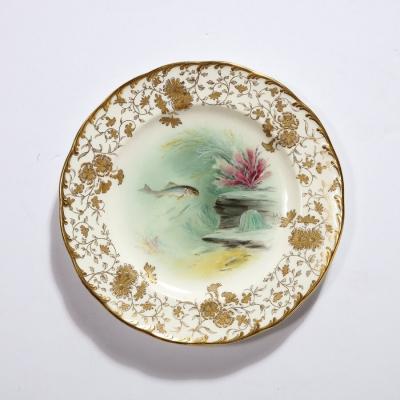 Robert A Holland Antique Set Eight Hand Painted Minton Plates Depicting Fish Signed A Holland