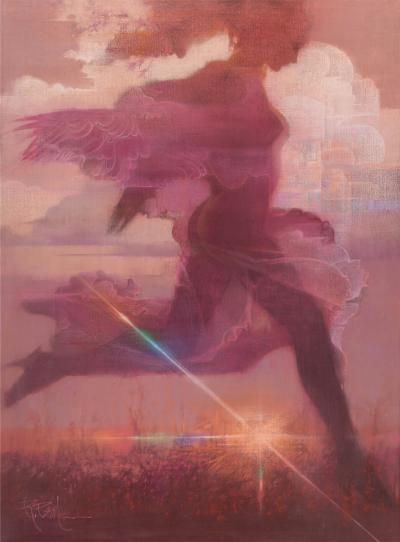 Robert Bob Peak Life Size Magenta Nude Girl with Wings Running in Paradise