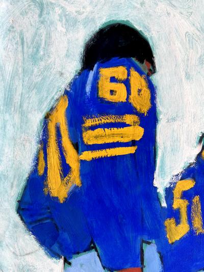 Robert Bob Peak Pregame Football Players Lined Up Abstraction of Blue Jersey and Orange Numbers