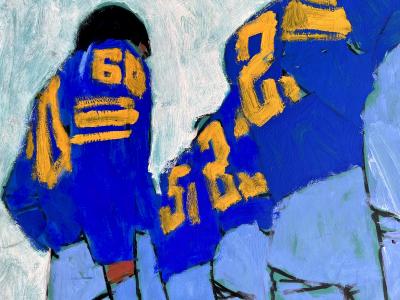 Robert Bob Peak Pregame Football Players Lined Up Abstraction of Blue Jersey and Orange Numbers