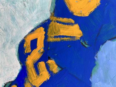 Robert Bob Peak Pregame Football Players Lined Up Abstraction of Blue Jersey and Orange Numbers