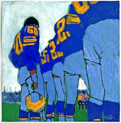 Robert Bob Peak Pregame Football Players Lined Up Abstraction of Blue Jersey and Orange Numbers