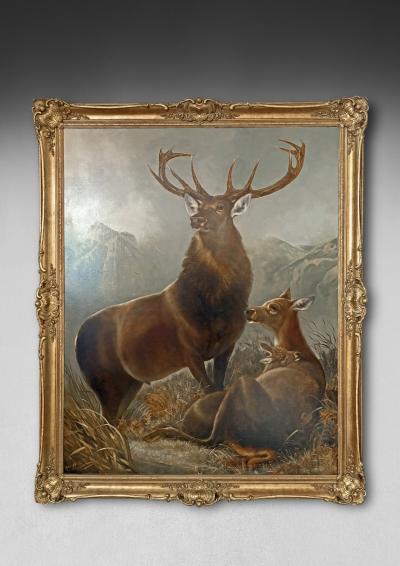 Robert Cleminson Oil on Canvas Painting by Robert Cleminson Royal Stag Hind and Fawn