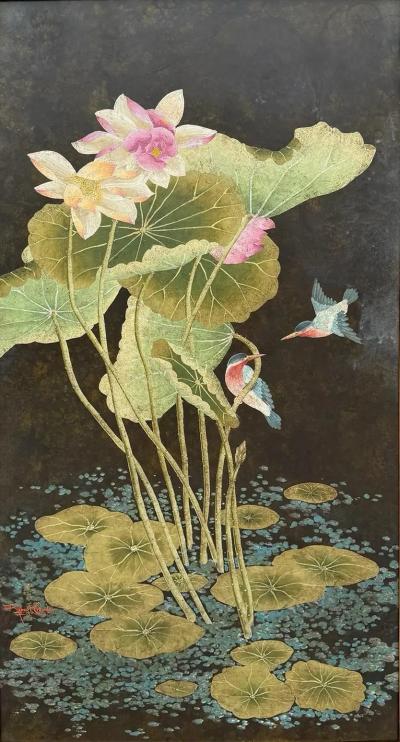 Robert Crowder Original Robert Crowder Chinoiserie Painting of Birds Lotus Flowers 1 of 2