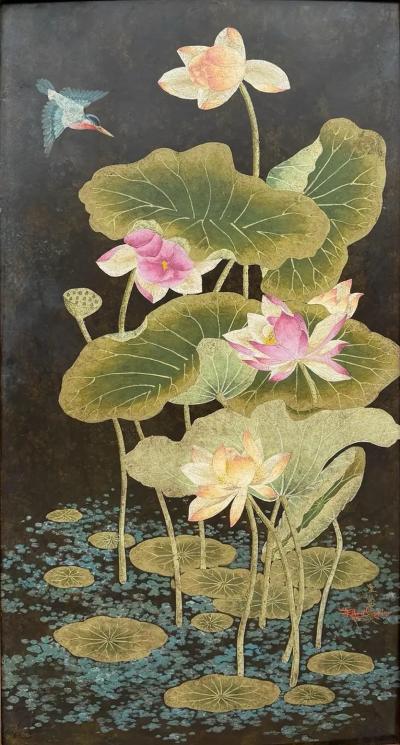 Robert Crowder Original Robert Crowder Chinoiserie Painting of Birds Lotus Flowers 2 of 2