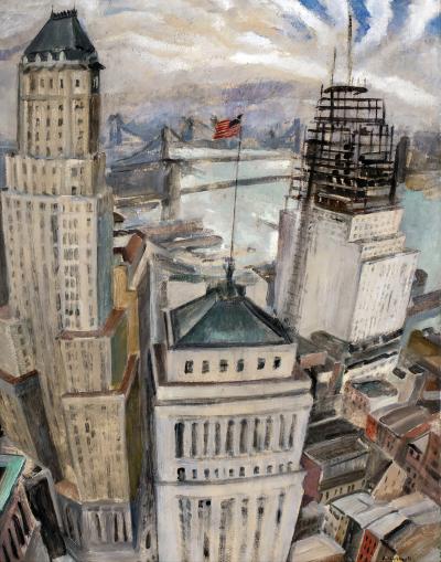 Robert Hallowell Early Wall Street Vintage Lower Manhattan Skyline painting Capitalism Rising