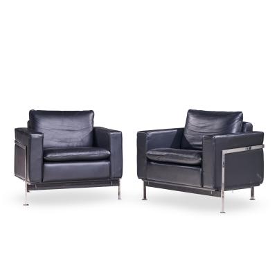 Robert Haussmann Robert Haussmann for De Sede Mid Century Black Leather Chairs Pair