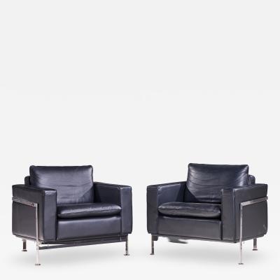 Robert Haussmann Robert Haussmann for De Sede Mid Century Black Leather Chairs Pair