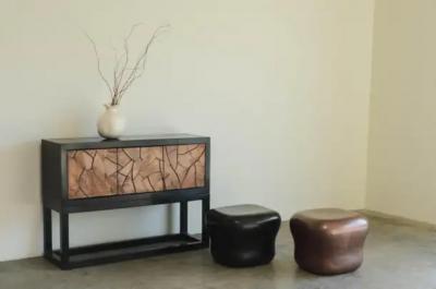Robert Kuo Antique Copper Cushion Drumstool by Robert Kuo Hand Repousse Contemporary