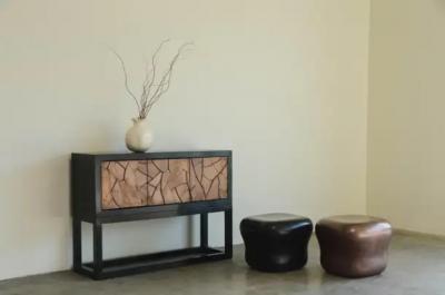 Robert Kuo Antique Copper Cushion Drumstool by Robert Kuo Hand Repousse Contemporary