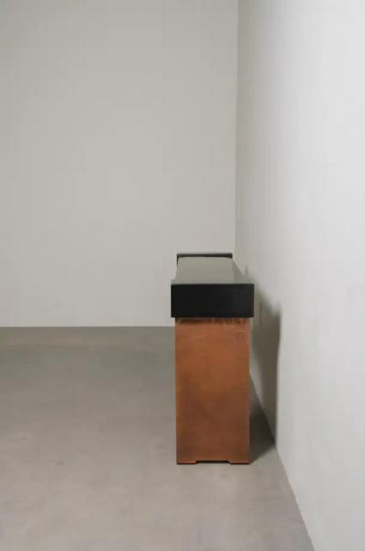 Robert Kuo Ching Style Console in Black Lacquer and Antiqued Copper by Robert Kuo