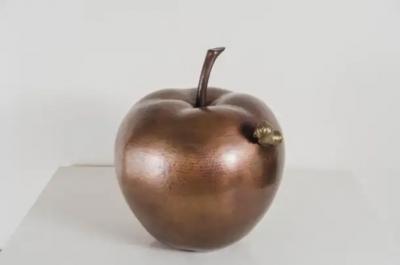 Robert Kuo Contemporary Apple w Worm Sculpture in Antique Copper and Brass by Robert Kuo