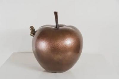 Robert Kuo Contemporary Apple w Worm Sculpture in Antique Copper and Brass by Robert Kuo