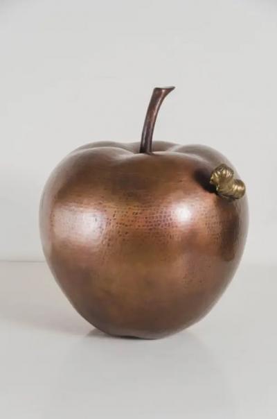 Robert Kuo Contemporary Apple w Worm Sculpture in Antique Copper and Brass by Robert Kuo