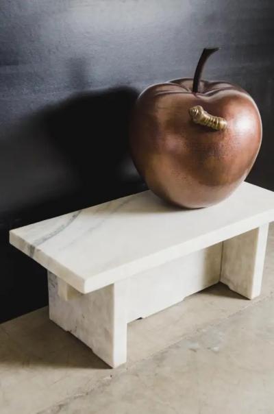 Robert Kuo Contemporary Apple w Worm Sculpture in Antique Copper and Brass by Robert Kuo
