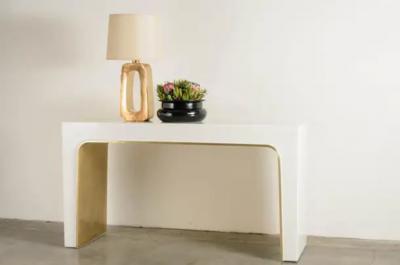 Robert Kuo Contemporary Arch Console w Brass Trim in Cream Lacquer by Robert Kuo