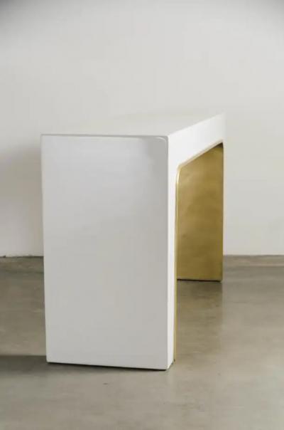 Robert Kuo Contemporary Arch Console w Brass Trim in Cream Lacquer by Robert Kuo