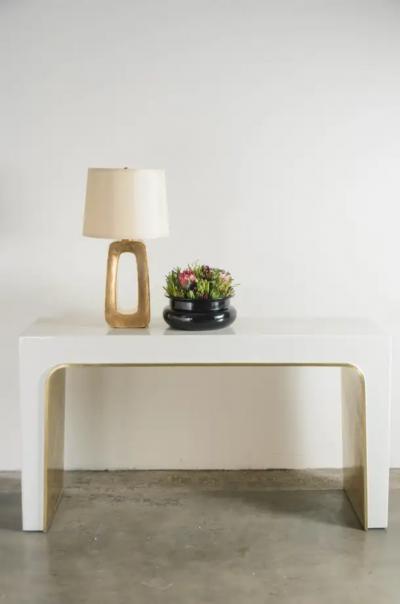 Robert Kuo Contemporary Arch Console w Brass Trim in Cream Lacquer by Robert Kuo