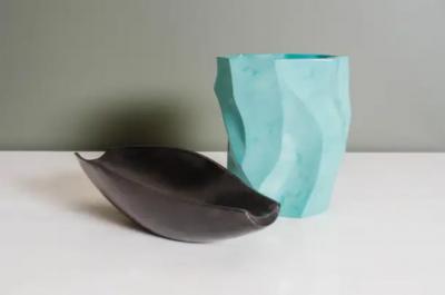 Robert Kuo Contemporary Black Copper Bai He Tray by Robert Kuo Hand Repousse