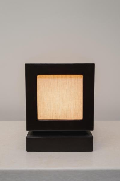 Robert Kuo Contemporary Black Copper Lantern Lamp with Linen Panel by Robert Kuo