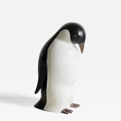 Robert Kuo Contemporary Black Cream Lacquer Penguin w Head Down Sculpture by Robert Kuo