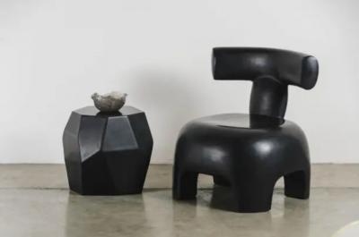 Robert Kuo Contemporary Black Lacquer Faceted Drumstool by Robert Kuo Limited Edition