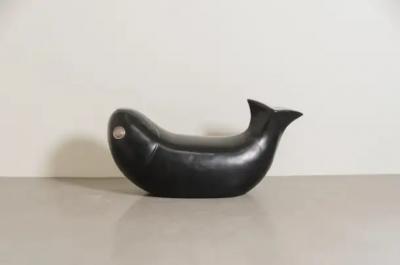 Robert Kuo Contemporary Black Lacquer Fish Seat w Copper Eye by Robert Kuo