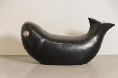 Robert Kuo Contemporary Black Lacquer Fish Seat w Copper Eye by Robert Kuo