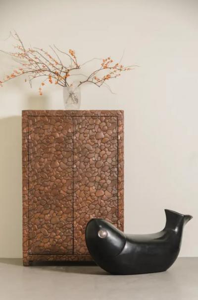 Robert Kuo Contemporary Black Lacquer Fish Seat w Copper Eye by Robert Kuo