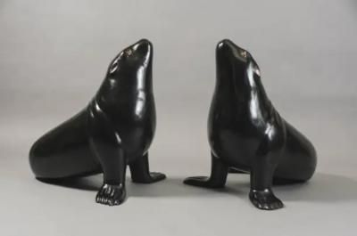 Robert Kuo Contemporary Black Lacquer Sea Lion Sculpture by Robert Kuo Limited Edition