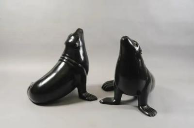 Robert Kuo Contemporary Black Lacquer Sea Lion Sculpture by Robert Kuo Limited Edition