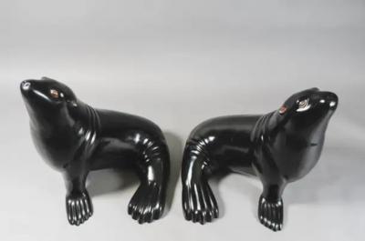 Robert Kuo Contemporary Black Lacquer Sea Lion Sculpture by Robert Kuo Limited Edition