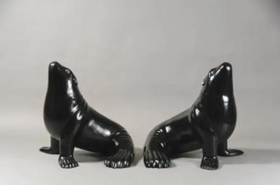 Robert Kuo Contemporary Black Lacquer Sea Lion Sculpture by Robert Kuo Limited Edition