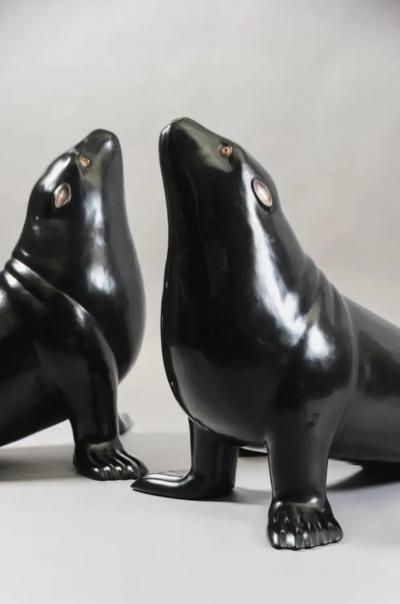 Robert Kuo Contemporary Black Lacquer Sea Lion Sculpture by Robert Kuo Limited Edition