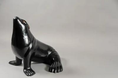 Robert Kuo Contemporary Black Lacquer Sea Lion Sculpture by Robert Kuo Limited Edition