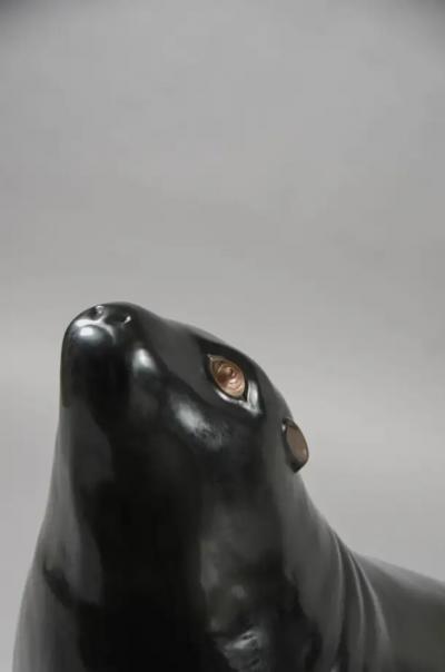 Robert Kuo Contemporary Black Lacquer Sea Lion Sculpture by Robert Kuo Limited Edition
