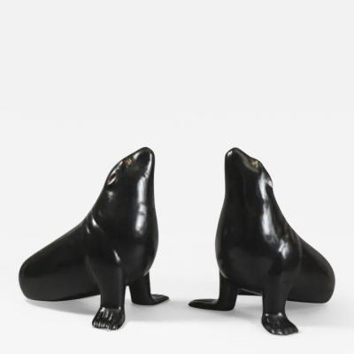Robert Kuo Contemporary Black Lacquer Sea Lion Sculpture by Robert Kuo Limited Edition