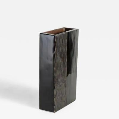 Robert Kuo Contemporary Block Vase w Pleats Design in Black Lacquer by Robert Kuo