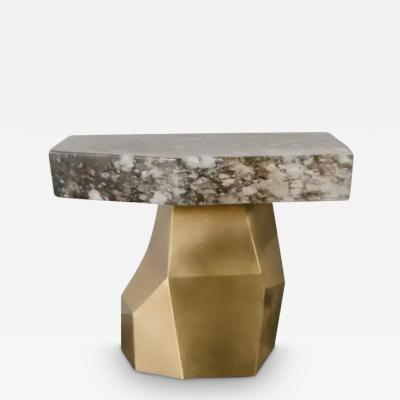 Robert Kuo Contemporary Brass Facet Side Table w Smoke Crystal Top by Robert Kuo