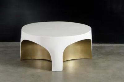 Robert Kuo Contemporary Brass Rimmed Curved Table w Cream Lacquer by Robert Kuo