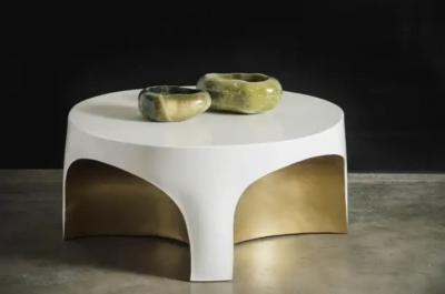 Robert Kuo Contemporary Brass Rimmed Curved Table w Cream Lacquer by Robert Kuo
