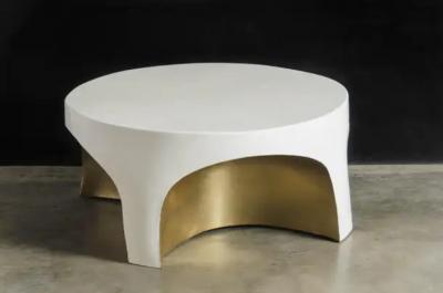 Robert Kuo Contemporary Brass Rimmed Curved Table w Cream Lacquer by Robert Kuo